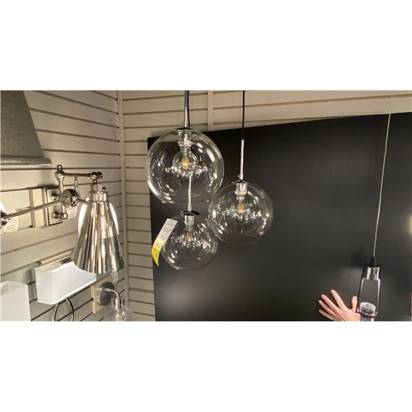 BAXTER 3 LIGHT PENDANT CHROME AND CLEAR GLASS. GLOBES ARE 10" DIAMETER. ADJUSTABLE HEIGHT.