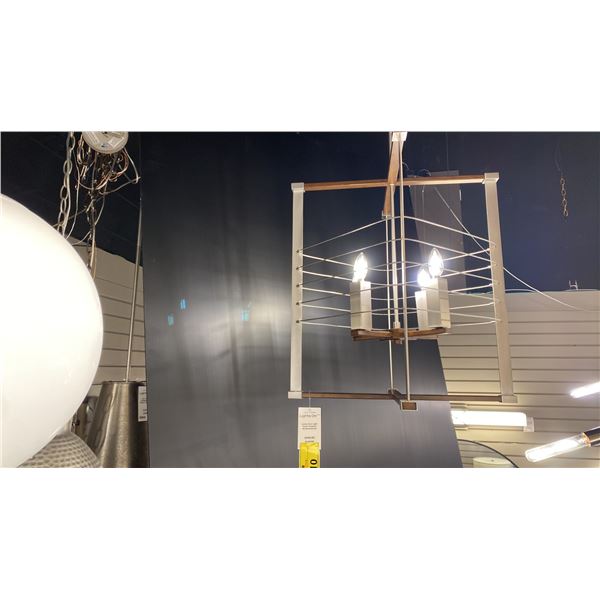 LENTE 4 LIGHT FOYER PENDANT BRUSHED NICKEL AND WALNUT WOODGRAIN. APPROX 23"W X 24" FIXTURE.