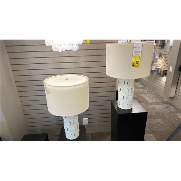 PAIR OF DOTTIE TABLE LAMPS. BURNISHED BRASS AND WHITE LINEN SHADES. RETAIL $1850