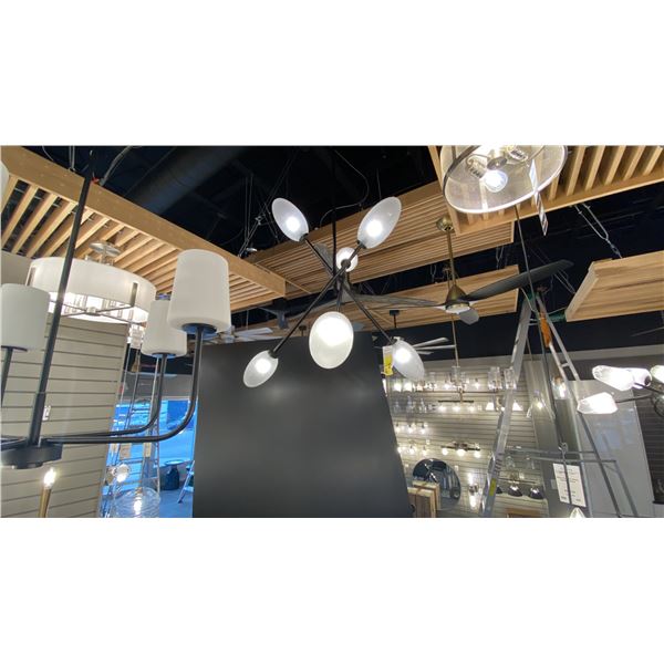 ALBERTON 6 LIGHT CHANDELIER. BLACK BRASS, GLASS. APPROX 3' X 3'. ADJUSTABLE HEIGHT