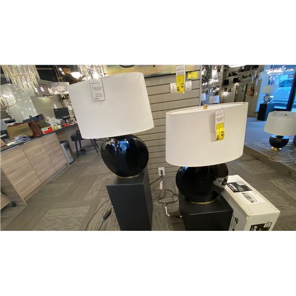 PAIR OF KIMBALL TABLE LAMPS. AGED BRASS, BLACK WITH WHITE SHADES. RETAIL $2050