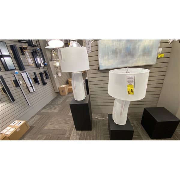 PAIR OF LORNS 1 LIGHT TABLE LAMPS. GLACIAL REACTIVE GLAZE, OFF WHITE LINEN SHADE. RETAIL $1900