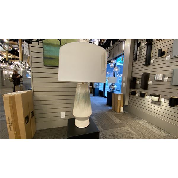 HOWLAN 1 LIGHT TABLE LAMP. BLUE HEATHER, OFF WHITE COTTON SHADE.