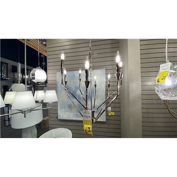 ARCHIE 8 LIGHT CHANDELIER. POLISHED NICKEL. APPROX 25" DIAMETER