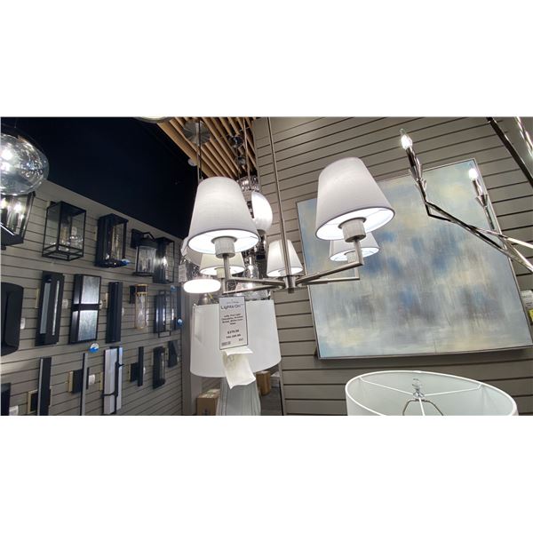 LEILA 5 LIGHT CHANDELIER. BRUSHED NICKEL, WHITE LINEN. APPROX 25" DIAMETER