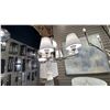 Image 1 : LEILA 5 LIGHT CHANDELIER. BRUSHED NICKEL, WHITE LINEN. APPROX 25" DIAMETER