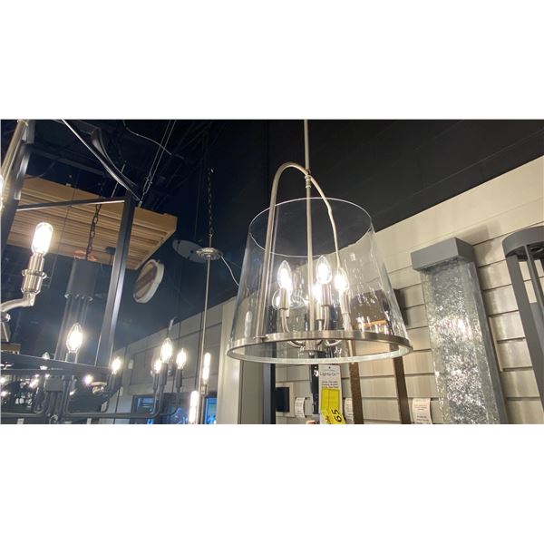 ARTIS 5 LIGHT PENDANT. BRUSHED NICKEL CLEAR GLASS. APPROX 17" DIAMETER