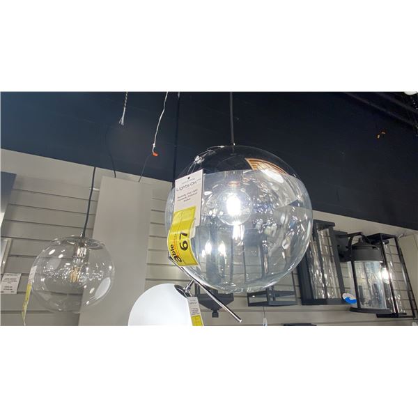 GROUP OF 3 BECKETT 1 LIGHT PENDANT. POLISHED NICKEL, CLEAR GLASS. APPROX 12" DIAMETER