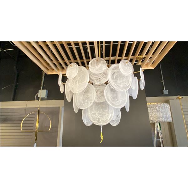 9 LIGHT CHANDELIER WITH ALABASTER GLASS, AGED BRASS. 37" DIAMETER