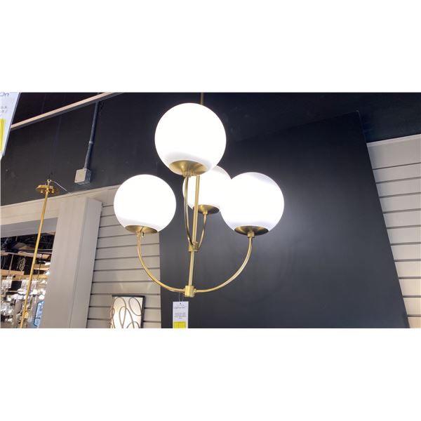 CARRIE, 4 LIGHT CHANDELIER. AGED BRASS, MATTE WHITE GLASS. 30" X 30"