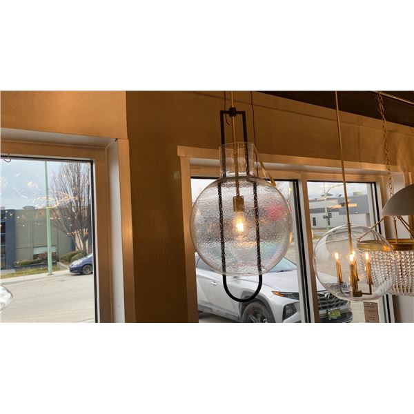 SINGLE LIGHT PENDANT. BLACK WITH AGED BRASS, BUBBLED GLASS. 15" DIAMETER