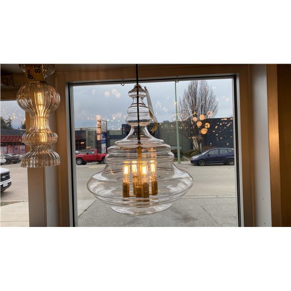 WASHINGTON 4 LIGHT PENDANT LANTERN. AGED BRASS, CLEAR GLASS. RETAIL $1330
