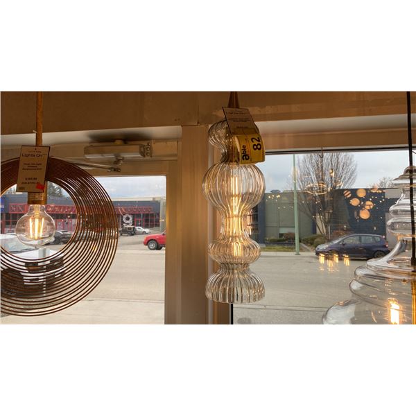 POMFRET SINGLE LIGHT PENDANT. AGED BRASS, BRONZE, GLASS. 20" HIGH