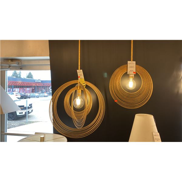 2 DOREL ONE LIGHT PENDANT LIGHTS. RENAISSANCE GOLD. 20" AND 14" DIAMETERS. RETAIL $1170