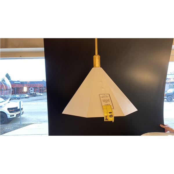 HUNTLEY SINGLE LIGHT PENDANT. PATINA BRASS, SOFT WHITE GLASS. 21" DIAMETER. RETAIL $1490