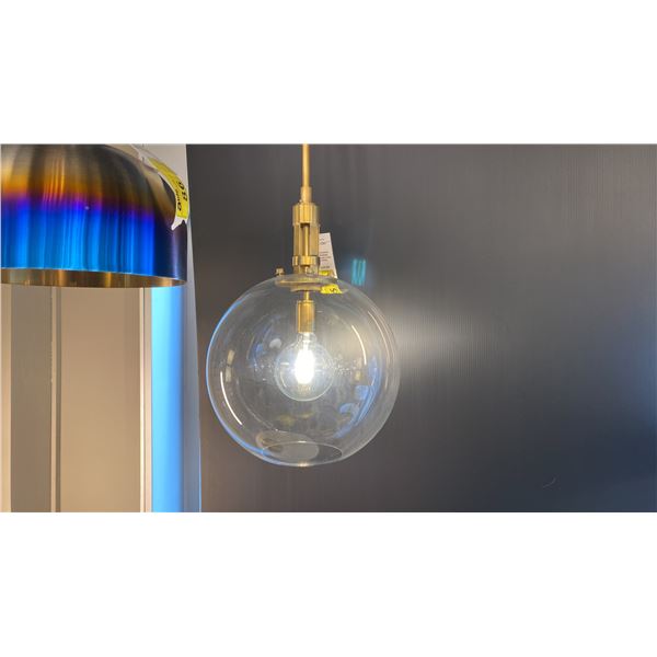 GABLE 2 PENDANT LIGHT. HAND RUBBED ANTIQUE BRASS, CLEAR GLASS. 16" GLOBE.