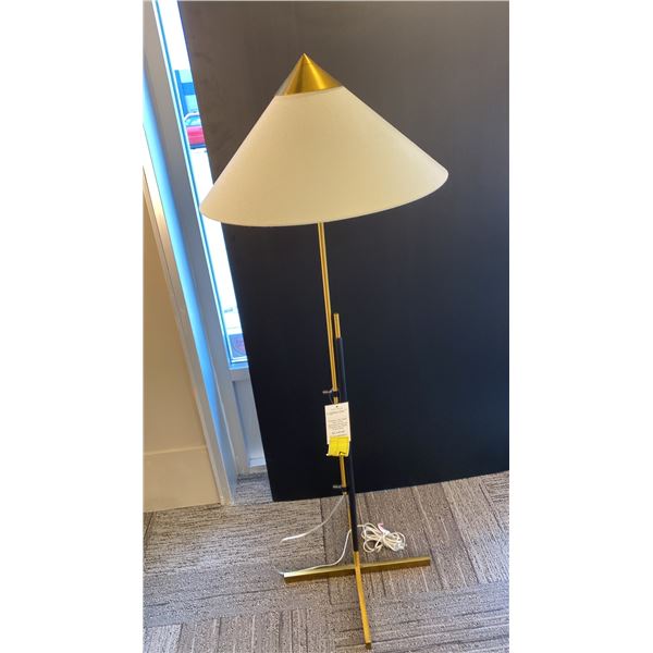 FRANKLIN SINGLE LIGHT FLOOR LAMP. BURNISHED BRASS, DEEP BRONZE, WHITE LINEN.