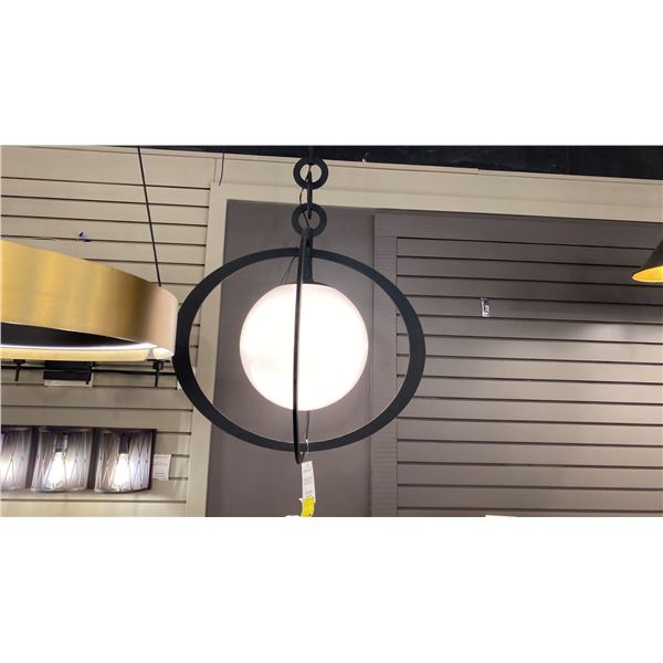 OLANCHA SINGLE LIGHT PENDANT. BLACK IRON, OPAL SHINY GLASS. 34"X27". RETAIL $2700