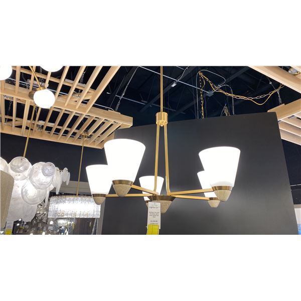 KOHLMAN 5 LIGHT CHANDELIER. WARM BRASS, WHITE OPAL GLASS, SANDSTONE. 30" ACROSS