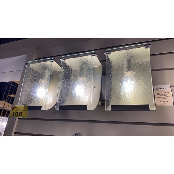 VARALUZ 3 LIGHT BATHROOM LIGHT WITH HAND PRESSED RAIN GLASS. 23"W RETAIL $800