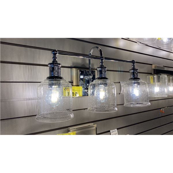 BRYANT 3 LIGHT VANITY. CHROME AND CLEAR SEEDY GLASS.