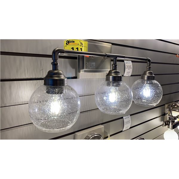 GROUP LOT. NILES 3 AND 2 X 4 LIGHT BATHROOM LIGHTS. ANTIQUE PEWTER, CLEAR SEEDED GLASS
