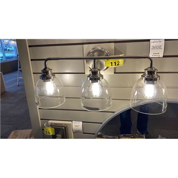 SAVOY HOUSE VALE 3 LIGHT BATHROOM BAR. SATIN NICKEL, CLEAR GLASS
