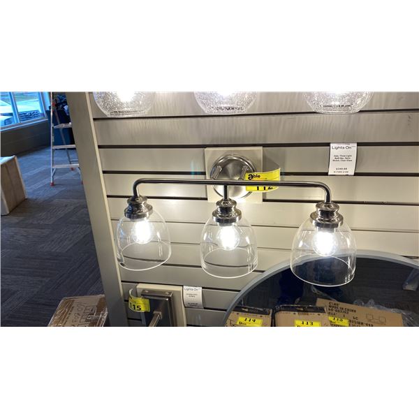 SAVOY HOUSE VALE 3 LIGHT BATHROOM BAR. SATIN NICKEL, CLEAR GLASS