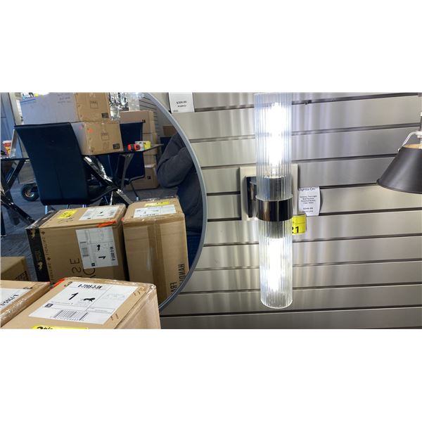 PAIR OF GENEVA 2 LIGHT WALL SCONCE. POLISHED NICKEL, CLEAR GLASS. RETAIL $1100