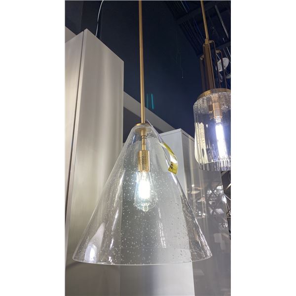 EVERLY SINGLE LIGHT PENDANT. NATURAL BRASS, CLEAR SEEDED GLASS. 14"W