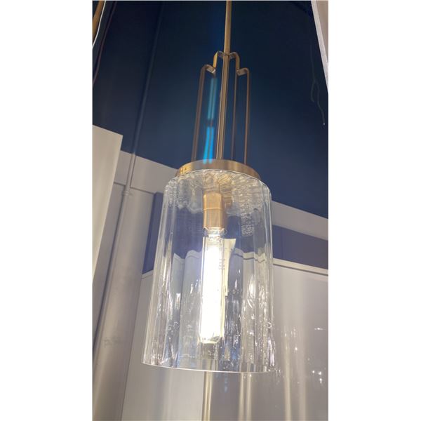KIMROSE SINGLE LIGHT PENDANT. BRUSHED NICKEL AND BRASS, CLEAR FLUTED GLASS. 7"W X 24+"H