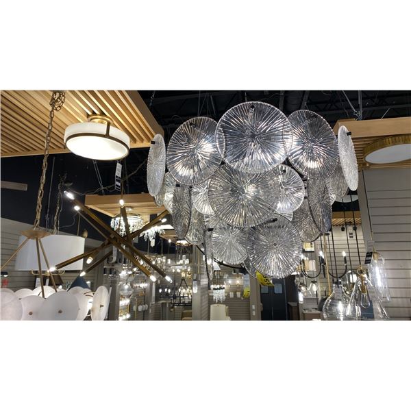 9 LIGHT CHANDELIER WITH SMOKED AND CLEAR GLASS. MATTE BLACK. 28"D