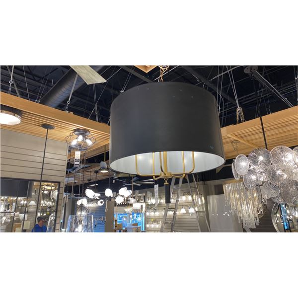 SECRET AGENT 5 LIGHT PENDANT CHANDELIER. PAINTED GOLD, BLACK LEATHER. RETAIL $1860