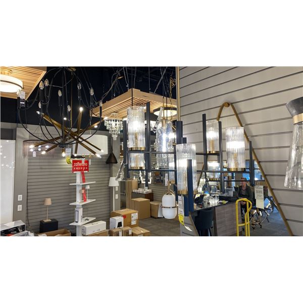 MIDLAND 6 LIGHT CHANDELIER. MATTE BLACK, CLEAR RIBBED GLASS WITH WARM BRASS. 28"D