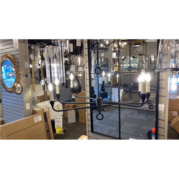 ORSON 6 LIGHT CHANDELIER. 30" ACROSS. BLACK IRON ADJUSTABLE.