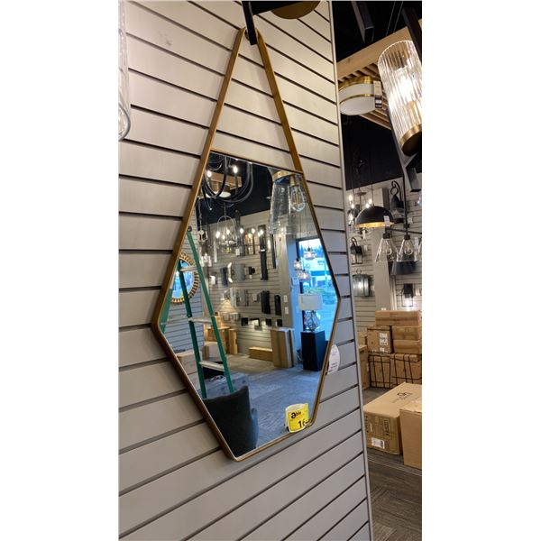LOVELL 26" X 44" HEXAGON SHAPED MIRROR. ANTIQUE BRASS FRAME. RETAIL $940