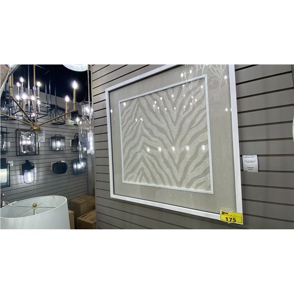 FRAMED MAT FABRIC WEAVING. 36" X 36" MATTE WHITE METAL FRAME