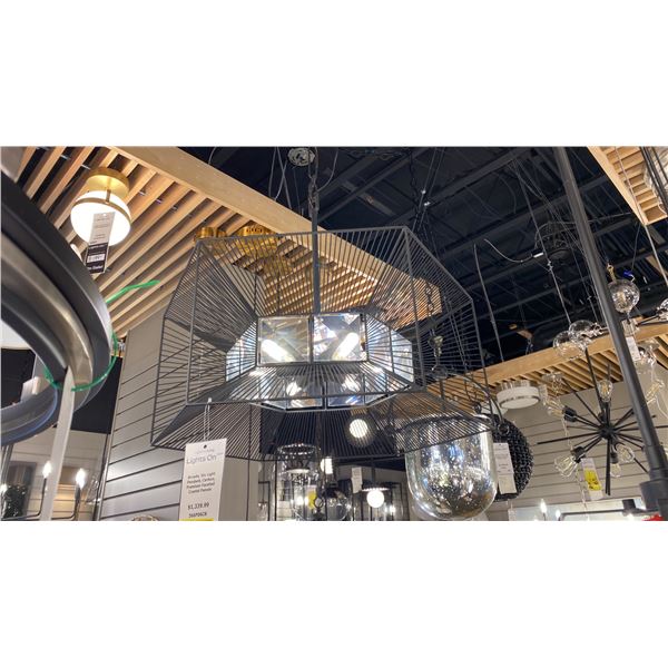 ARCADE 6 LIGHT PENDANT CARBON, PREMIUM FACETED CRYSTAL PANELS. 24"D