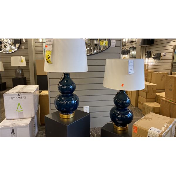 PAIR OF MADISON TABLE LAMPS. BLUE AND POLISHED BRASS RETAIL $1200