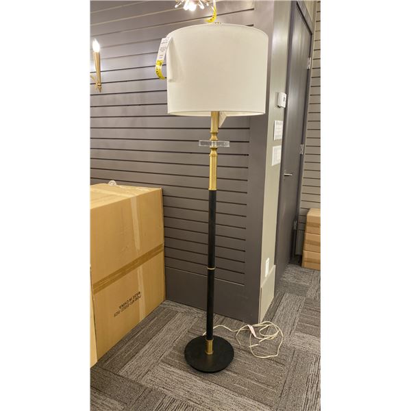 MAUD FLOOR LAMP. ANTIQUE BRASS, ROUND DRUM HARDBACK SHADE