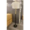 Image 1 : MAUD FLOOR LAMP. ANTIQUE BRASS, ROUND DRUM HARDBACK SHADE