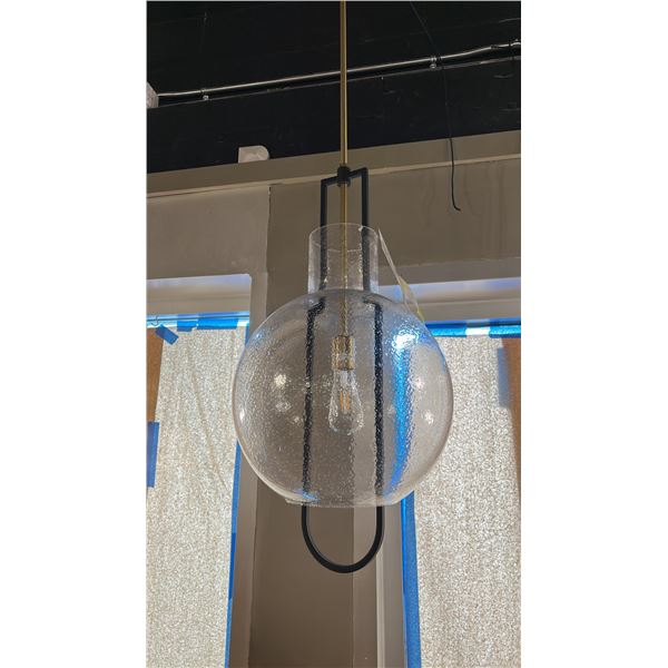 SINGLE LIGHT PENDANT. BLACK WITH AGED BRASS, BUBBLED GLASS. 15" DIAMETER