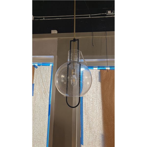 SINGLE LIGHT PENDANT. BLACK WITH AGED BRASS, BUBBLED GLASS. 15" DIAMETER