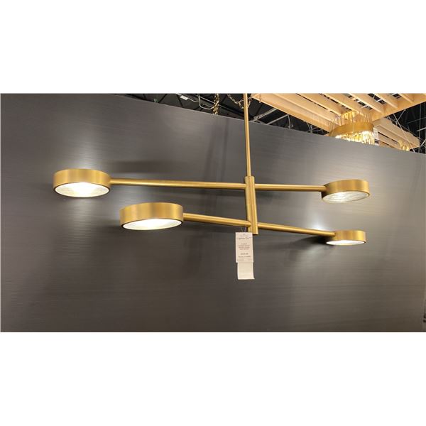 4 LIGHT CHANDELIER WITH SEEDED GLASS LENSES. AGED BRASS. 54" ACROSS