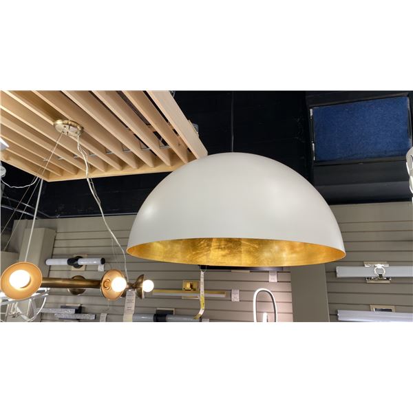 SIGMUND SINGLE LIGHT PENDANT. BRUSHED BRASS INSIDE, MATTE WHITE. 24" DIAMETER.