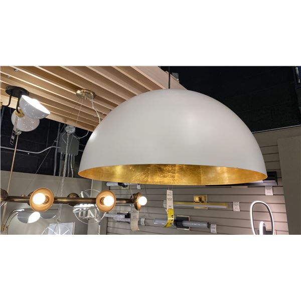 SIGMUND SINGLE LIGHT PENDANT. BRUSHED BRASS INSIDE, MATTE WHITE. 24" DIAMETER.