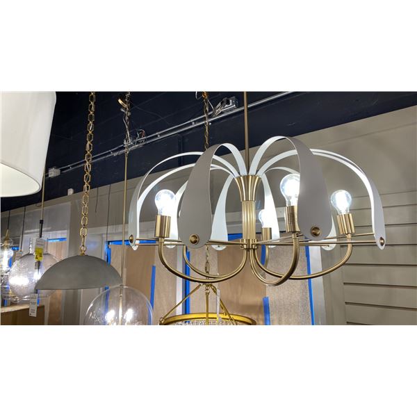 PETAL 5 LIGHT CHANDELIER. CHAMPAGNE BRONZE, WHITE. 30"D