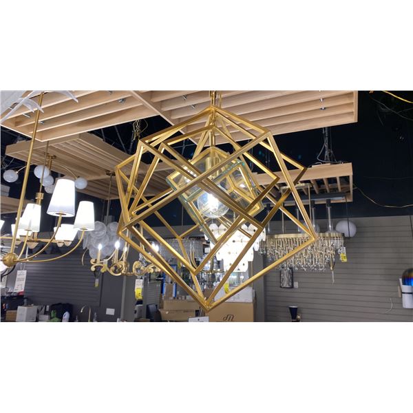 CUBIS SINGLE LIGHT CHANDELIER. GILD FINISH AND CLEAR BEVELED GLASS. 24"D RETAIL $2450
