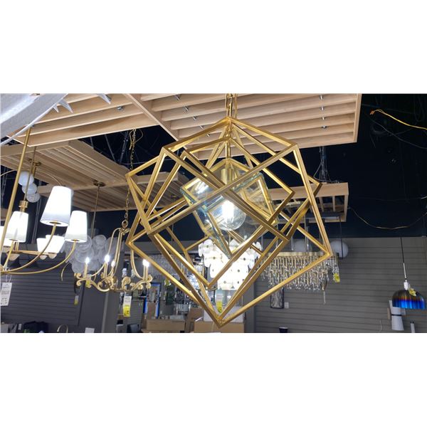 CUBIS SINGLE LIGHT CHANDELIER. GILD FINISH AND CLEAR BEVELED GLASS. 24"D RETAIL $2450