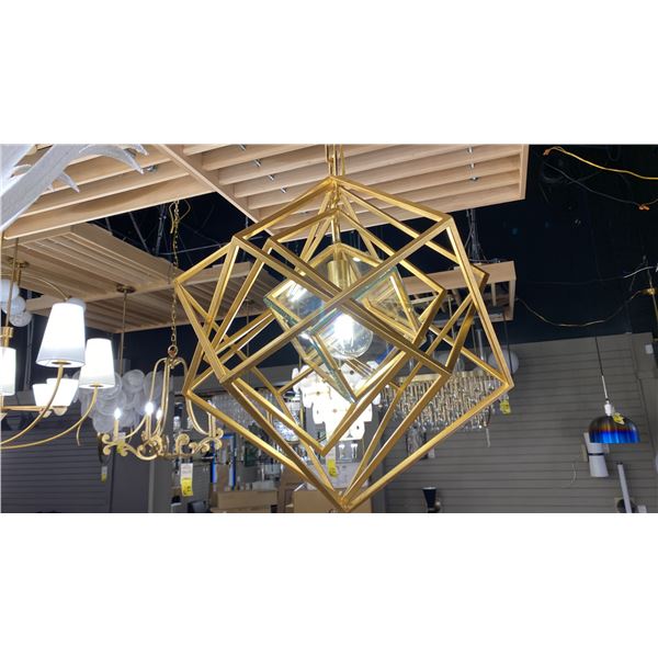 CUBIS SINGLE LIGHT CHANDELIER. GILD FINISH AND CLEAR BEVELED GLASS. 24"D RETAIL $2450
